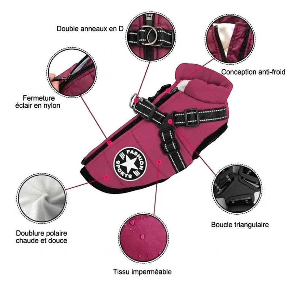 Manteau d'hiver AventureCanine pour chien, rose, imperméable avec harnais intégré, doublure polaire et fermeture éclair