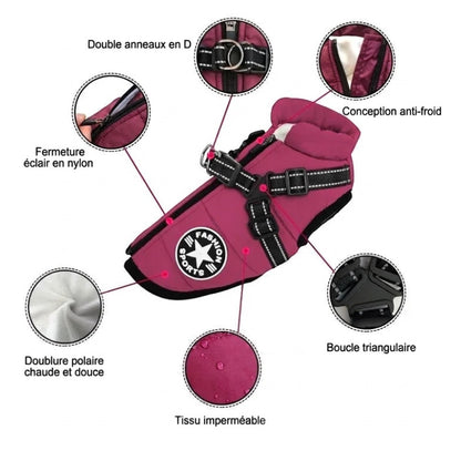 Manteau d'hiver AventureCanine pour chien, rose, imperméable avec harnais intégré, doublure polaire et fermeture éclair