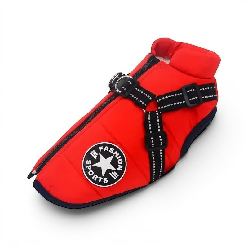 Manteau d'hiver rouge AventureCanine pour chien en coton déperlant avec harnais intégré et logo Fashion Sports