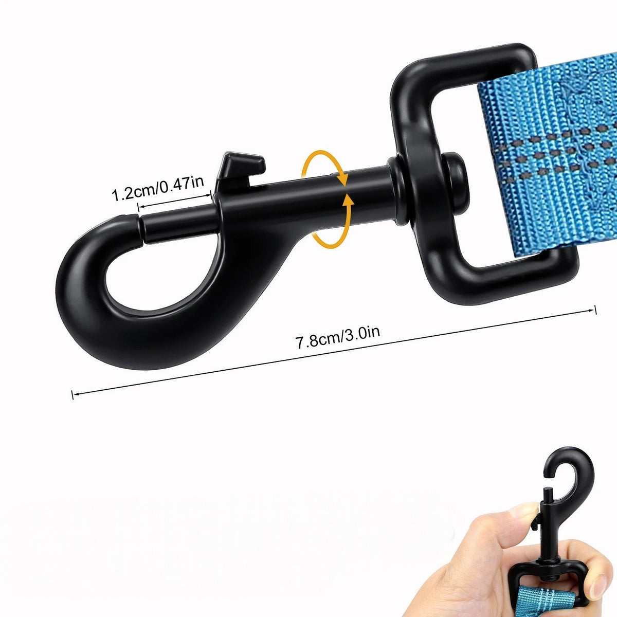 Mousqueton pivotant noir robuste pour laisse AventureCanine en nylon bleu avec détails techniques