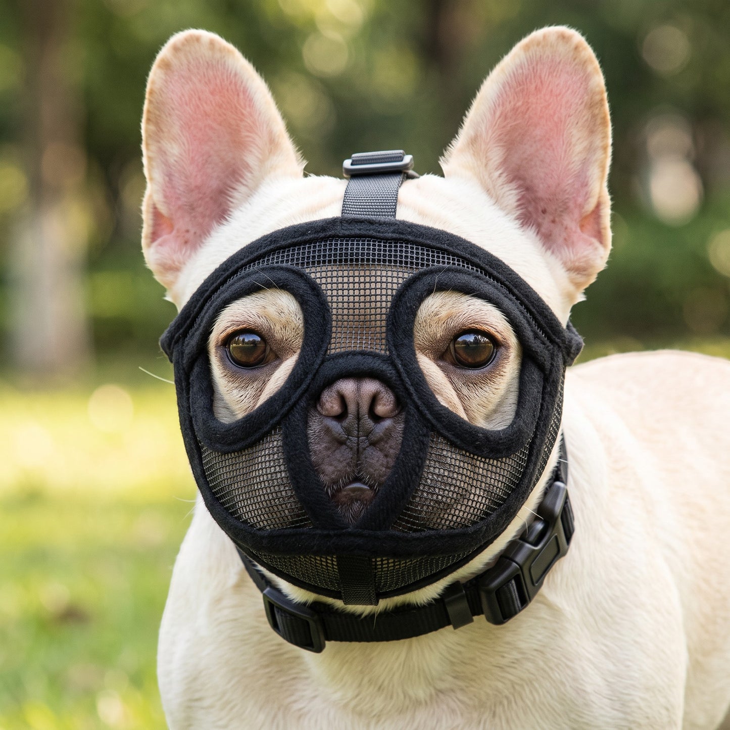 Muselière AventureCanine en nylon noir pour chien à museau court, respirante et rembourrée, portée par un bouledogue
