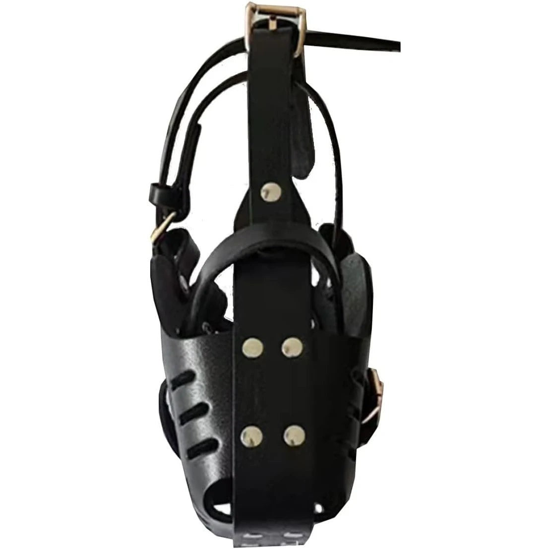 Muselière AventureCanine en cuir noir robuste avec sangles réglables et aérations pour le confort du chien