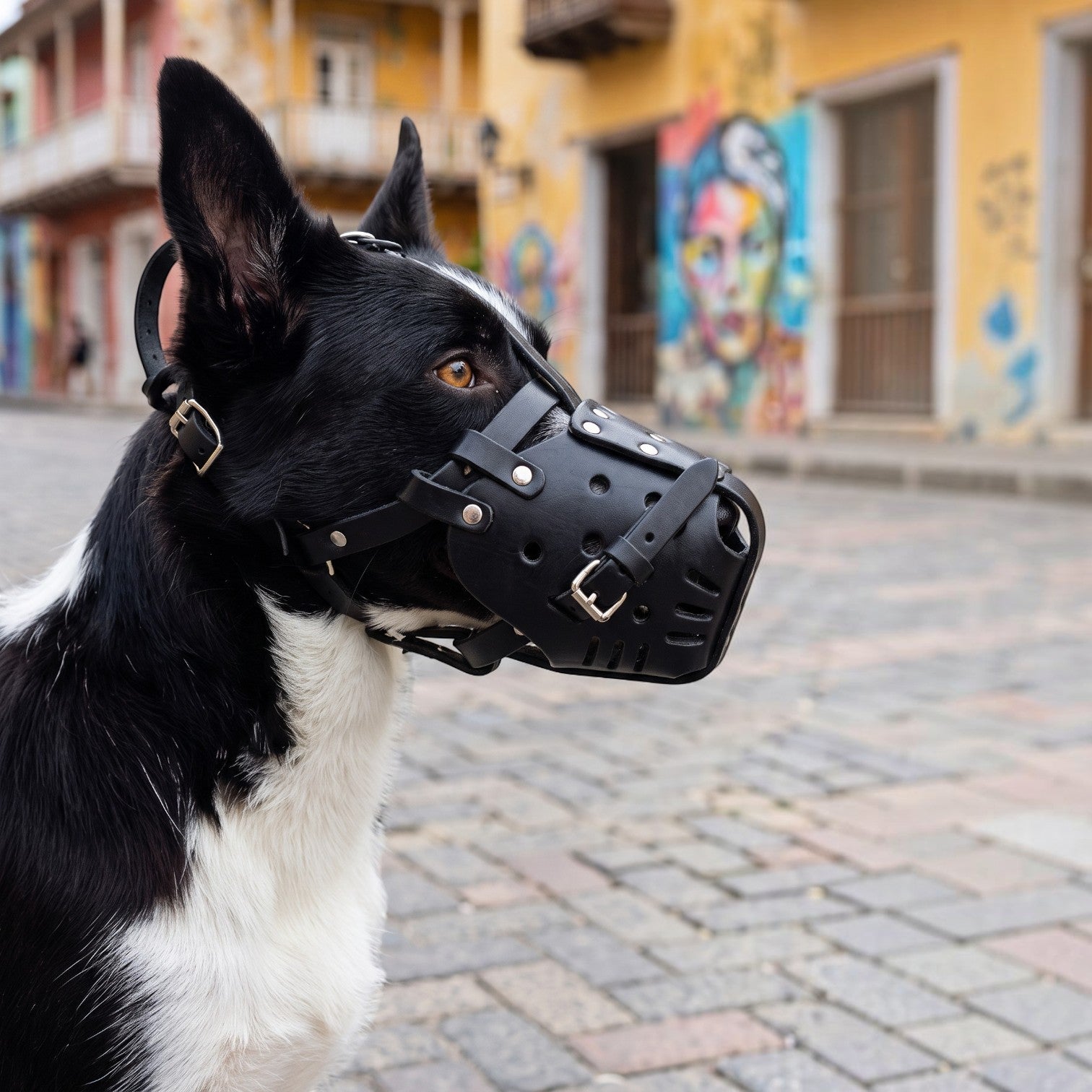 Muselière AventureCanine en cuir noir réglable portée par un chien noir et blanc dans une rue pavée