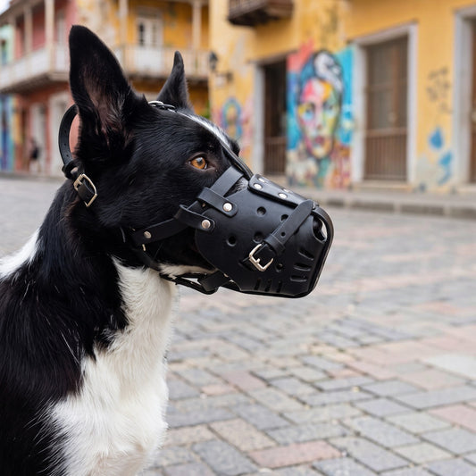 Muselière AventureCanine en cuir noir réglable portée par un chien noir et blanc dans une rue pavée