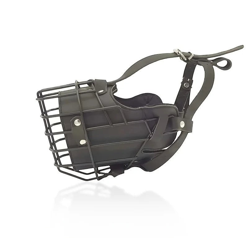 Muselière panier AventureCanine en acier inoxydable noir et cuir avec sangles réglables pour chien