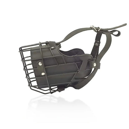 Muselière panier AventureCanine en acier inoxydable noir et cuir avec sangles réglables pour chien