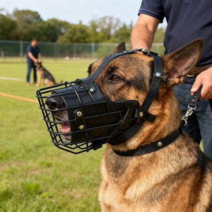 Muselière panier AventureCanine en acier inoxydable noir avec sangles en cuir sur un berger allemand en extérieur