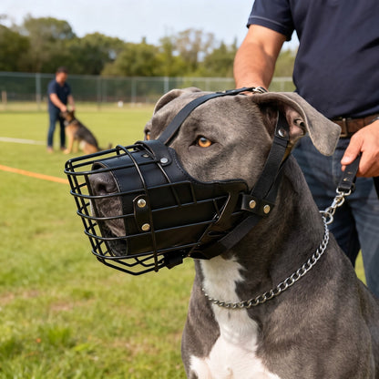 Muselière panier AventureCanine en acier inoxydable noir et cuir sur un chien gris en extérieur
