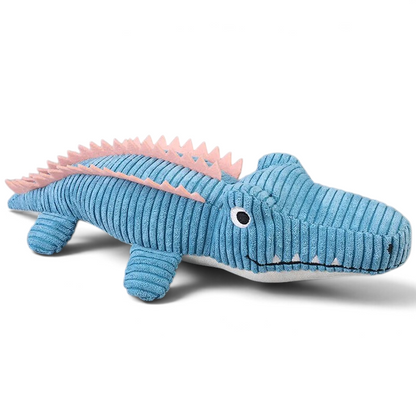 Peluche crocodile bleue en velours côtelé avec crête rose pour chien, jouet couinant AventureCanine