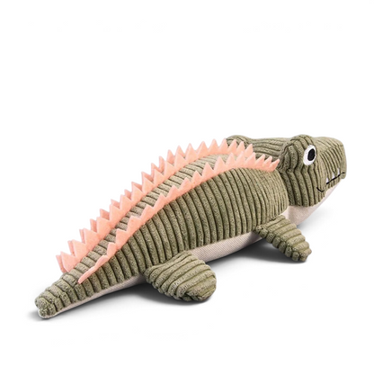 Peluche crocodile AventureCanine en velours côtelé vert avec crête rose, jouet couineur pour chien