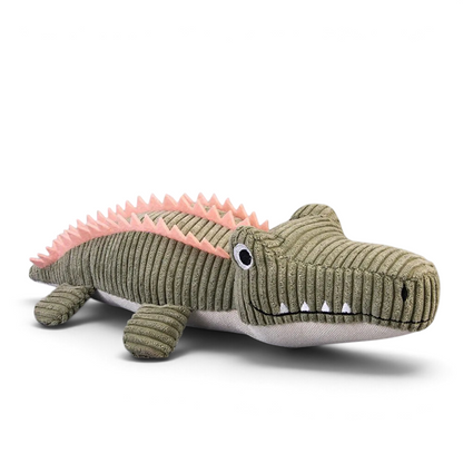 Peluche crocodile AventureCanine en velours côtelé vert avec crêtes roses et couineur pour chien