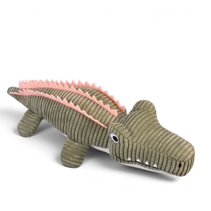 Peluche crocodile AventureCanine en velours côtelé vert avec crêtes roses, jouet couineur doux pour chien