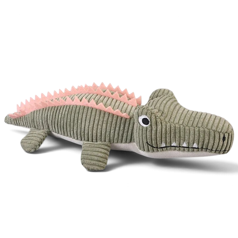 Peluche crocodile AventureCanine en velours côtelé vert avec crêtes roses, jouet couineur pour chien