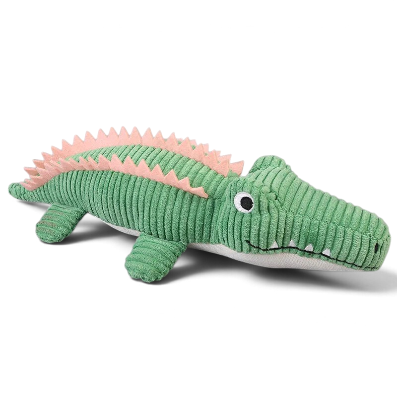 Peluche crocodile AventureCanine en velours côtelé vert avec crête rose, jouet couineur pour chien