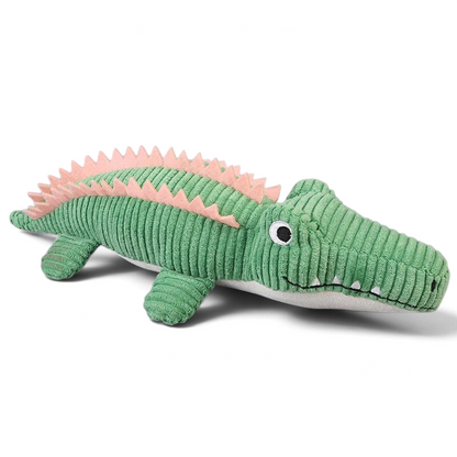 Peluche crocodile AventureCanine en velours côtelé vert avec crête rose, jouet couineur pour chien
