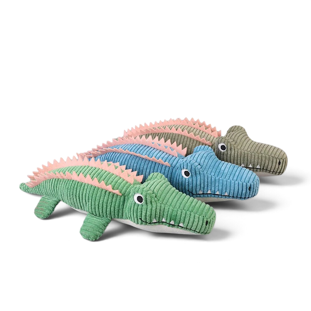Trois peluches crocodile AventureCanine en velours côtelé coloré avec couineur pour chien