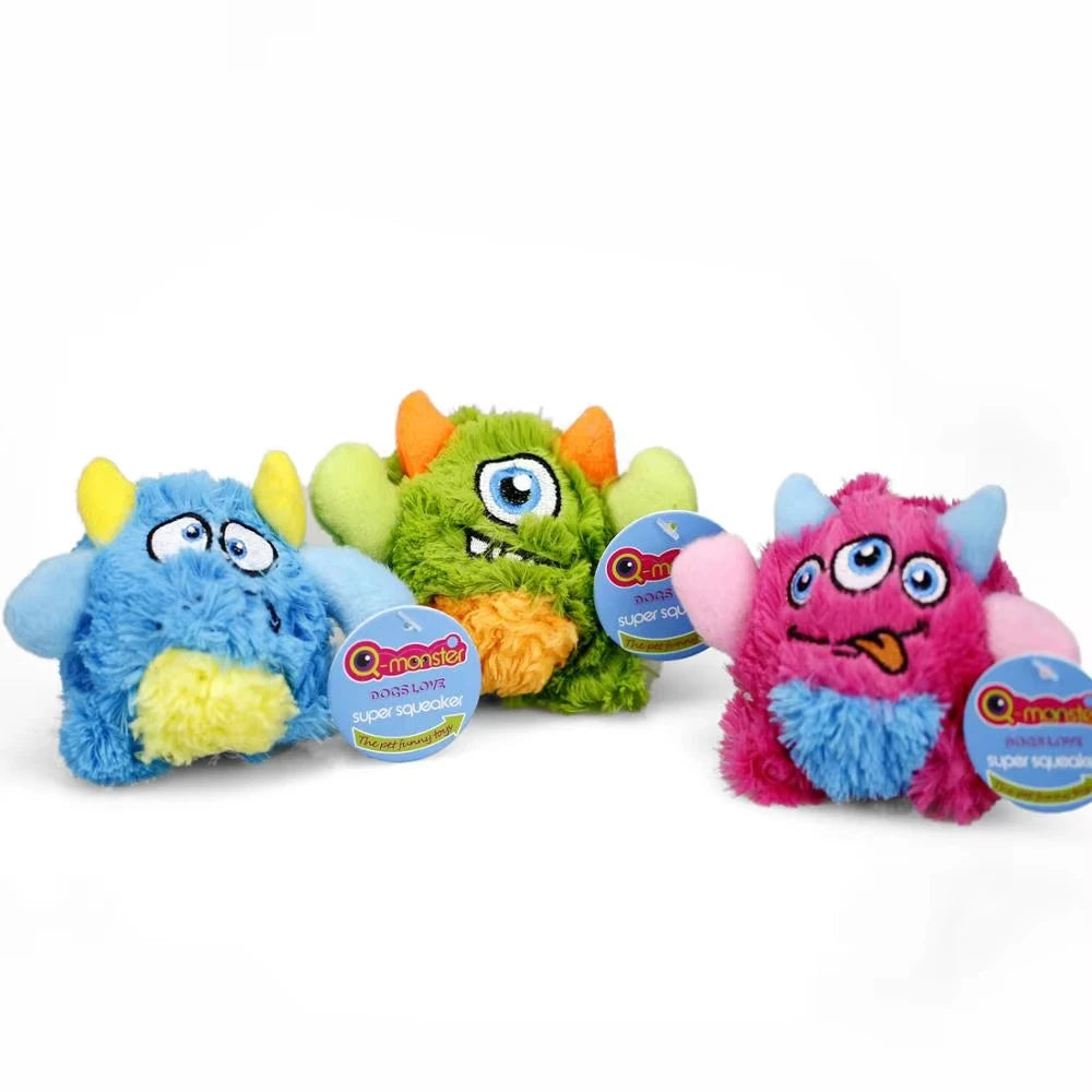 Trois peluches monstres couinantes AventureCanine colorées, douces et amusantes pour le jeu des chiens
