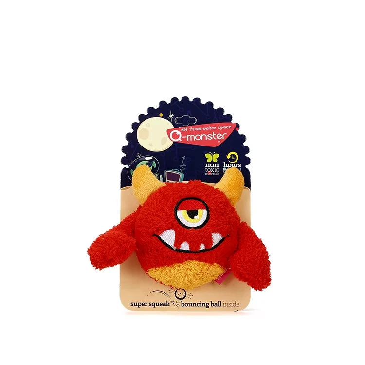 Peluche monstre AventureCanine rouge et jaune avec un œil, douce et couinante pour chien