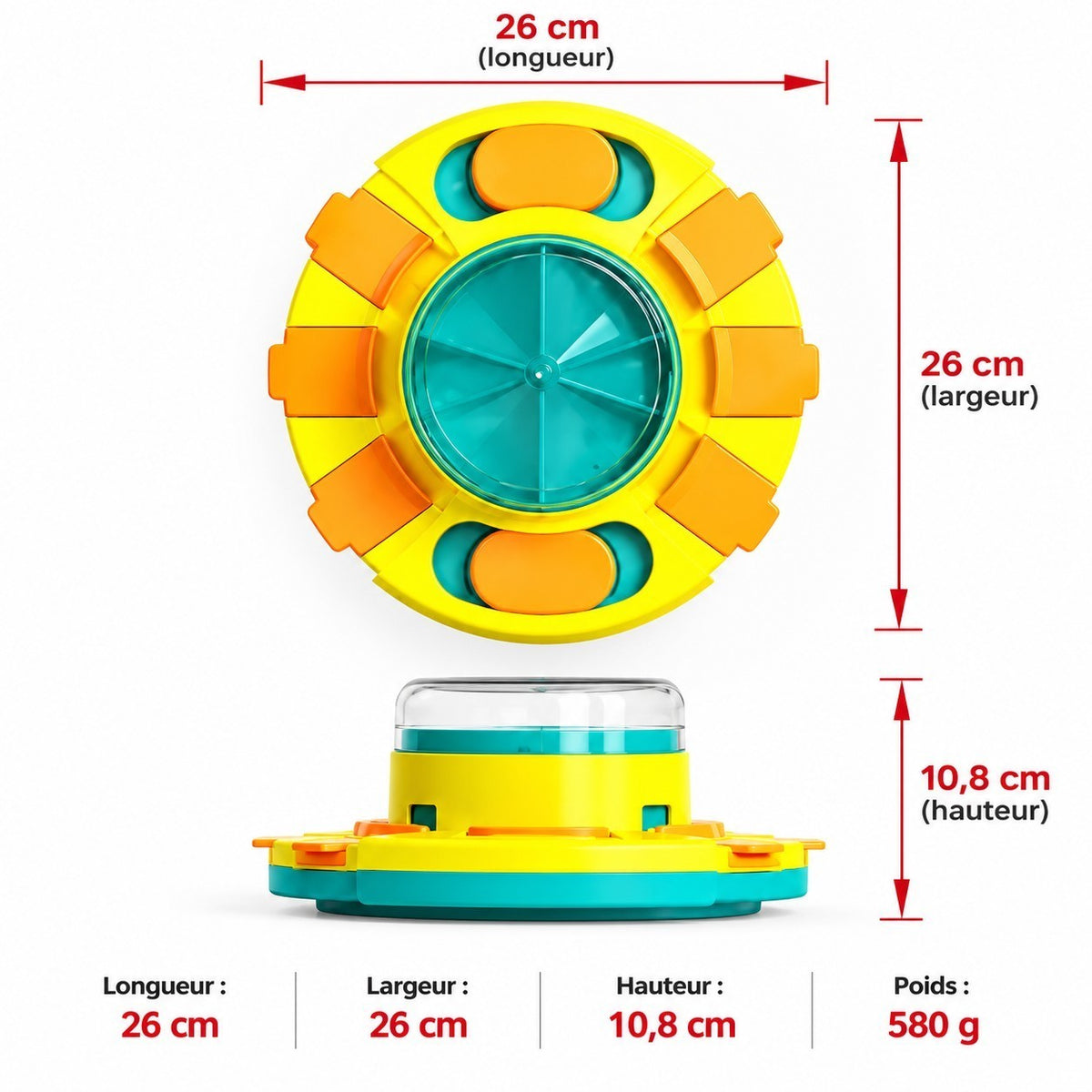 Puzzle interactif AventureCanine pour chien, distributeur de croquettes jaune et bleu avec dimensions indiquées