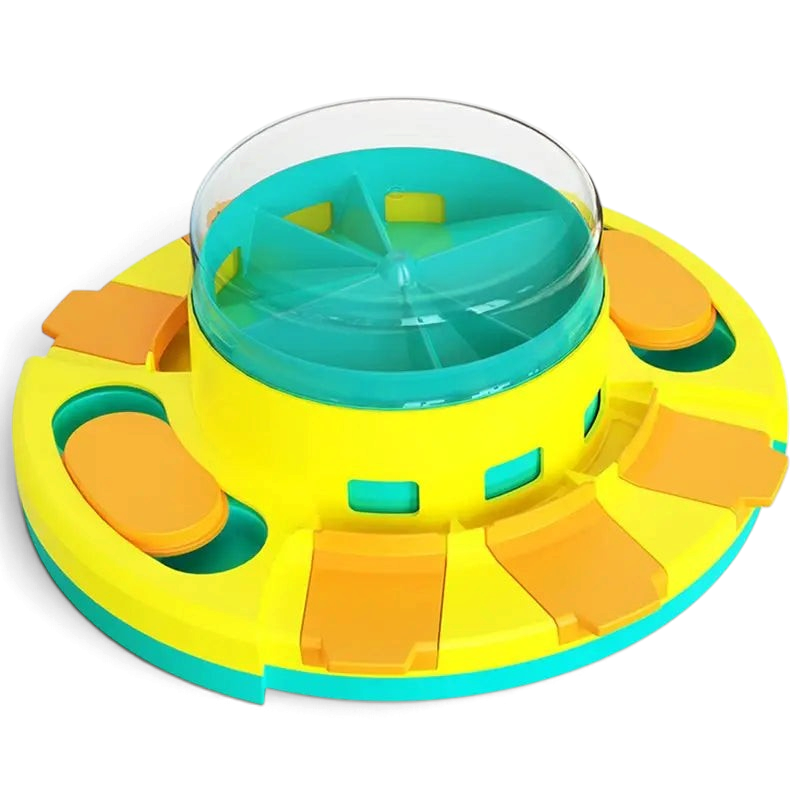Puzzle interactif AventureCanine jaune et turquoise pour chien, distributeur de croquettes mécanique anti-glouton