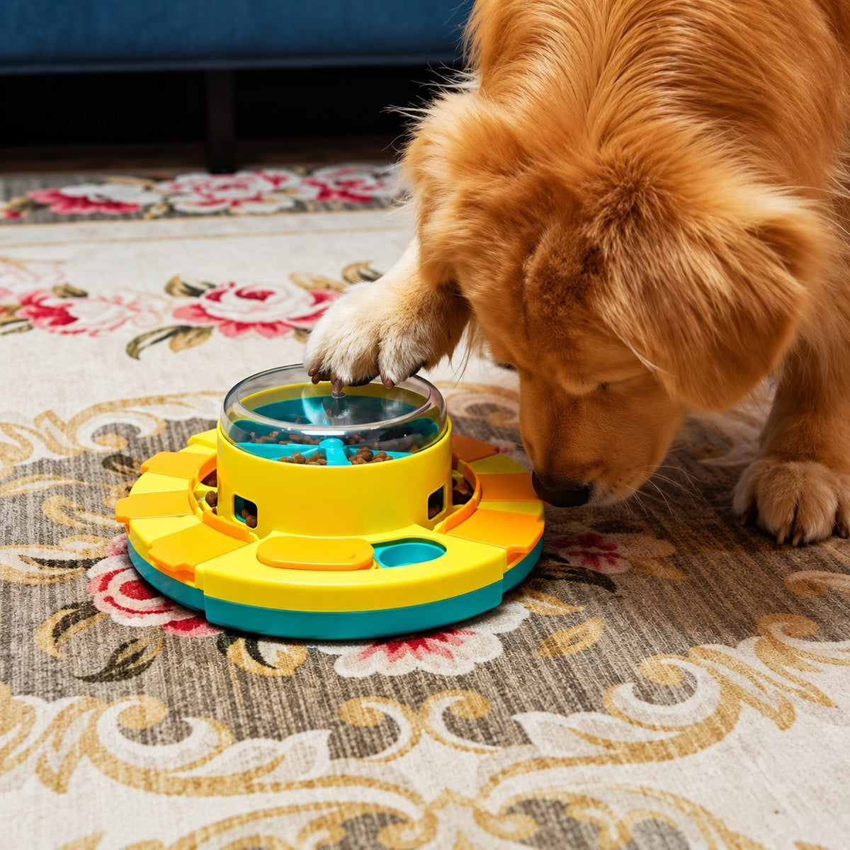 Chien Golden Retriever jouant avec un puzzle interactif AventureCanine jaune et bleu pour distribuer des croquettes