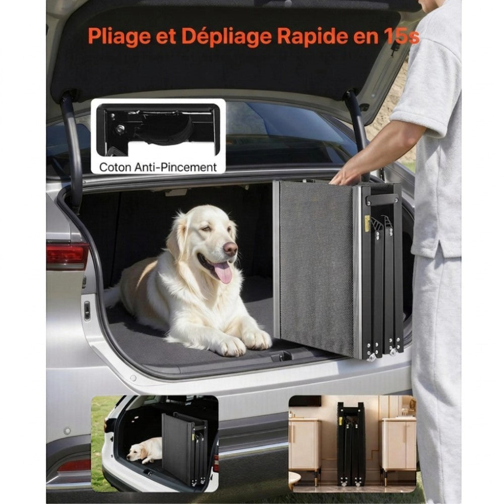 Rampe pliable AventureCanine en aluminium et tissu Oxford noir pour chien, montrant le pliage facile dans un coffre.