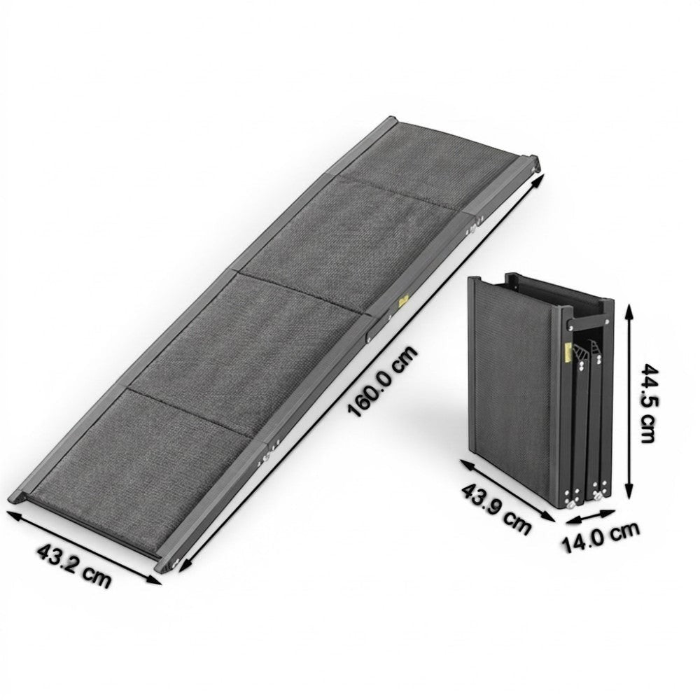Rampe pliable AventureCanine pour chien en aluminium et tissu Oxford antidérapant, montrée dépliée et pliée avec dimensions.