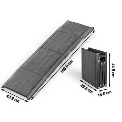 Rampe pliable AventureCanine pour chien en aluminium et tissu Oxford antidérapant, montrée dépliée et pliée avec dimensions.