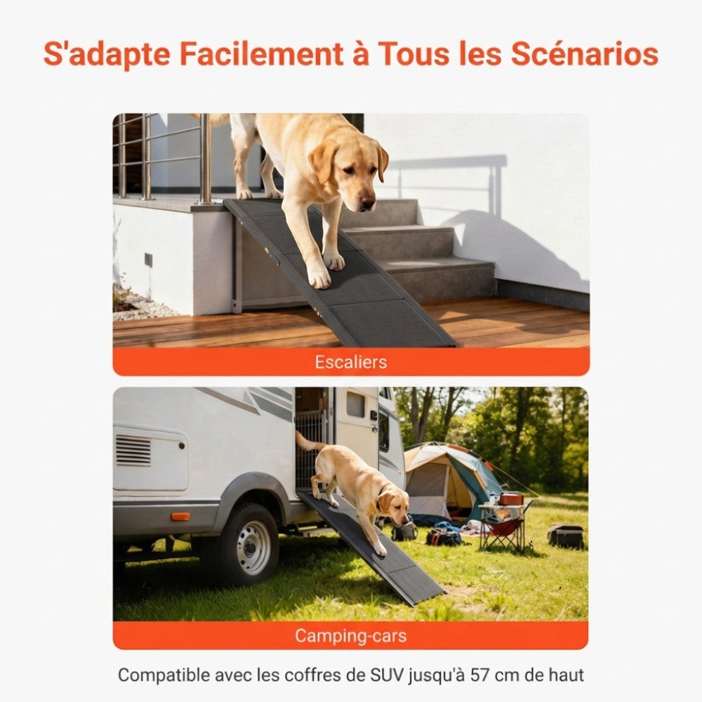 Rampe pliable AventureCanine antidérapante pour chien, utilisée pour accéder aux escaliers et camping-cars.