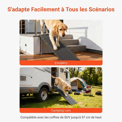 Rampe pliable AventureCanine antidérapante pour chien, utilisée pour accéder aux escaliers et camping-cars.