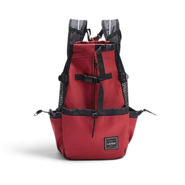 Sac à dos de transport AventureCanine rouge en nylon respirant pour chien, idéal pour la randonnée et le vélo.