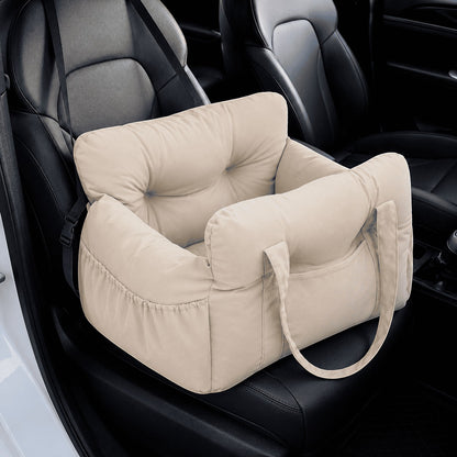 Siège auto pour chien AventureCanine beige en nylon rembourré avec sangles de fixation sur siège de voiture