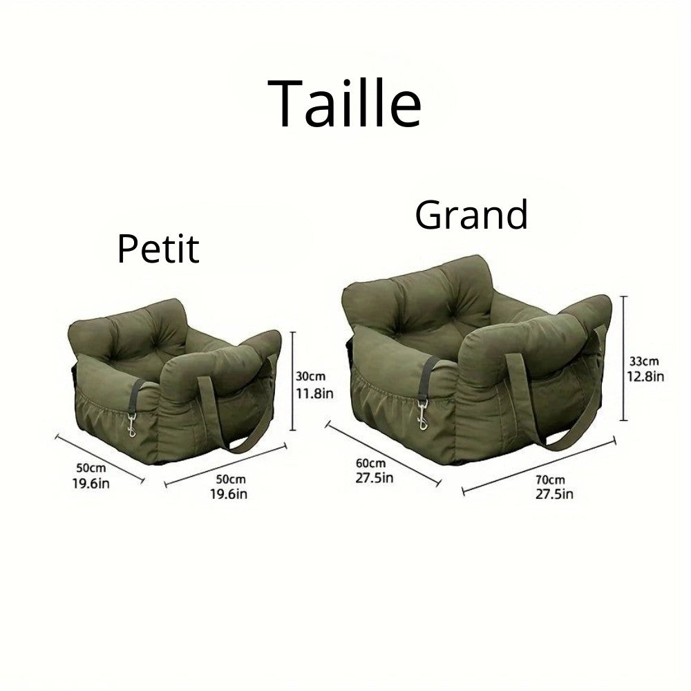 Siège auto pour chien AventureCanine en nylon vert, disponible en deux tailles avec laisse de sécurité intégrée.