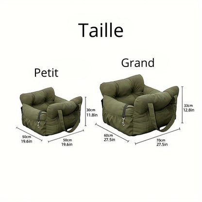 Siège auto pour chien AventureCanine en nylon vert, disponible en deux tailles avec laisse de sécurité intégrée.