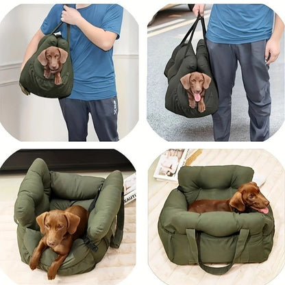 Siège auto pour chien AventureCanine en nylon vert avec rembourrage moelleux, laisse de sécurité et fond antidérapant