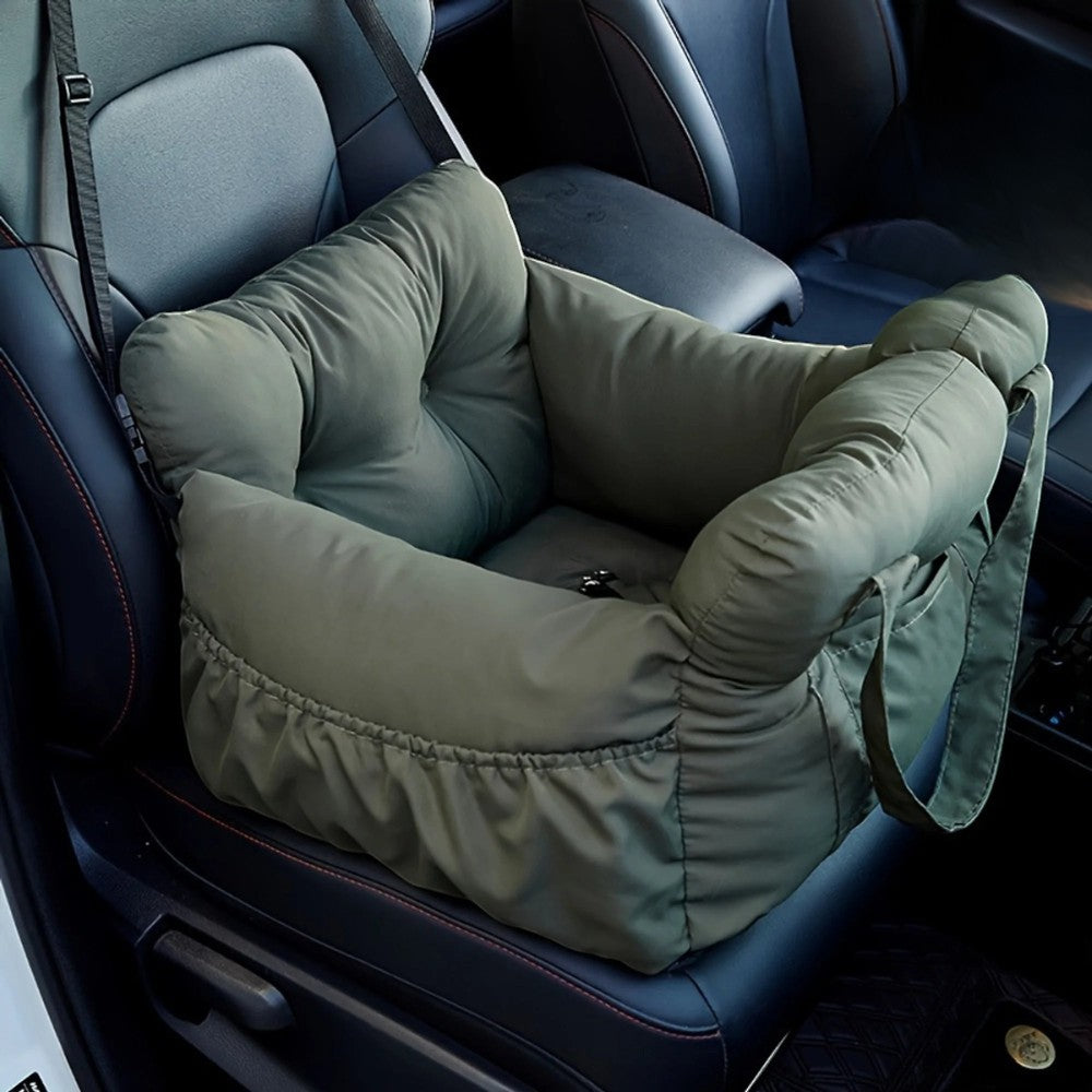 Siège auto pour chien AventureCanine en nylon vert olive avec rembourrage moelleux et laisse de sécurité intégrée
