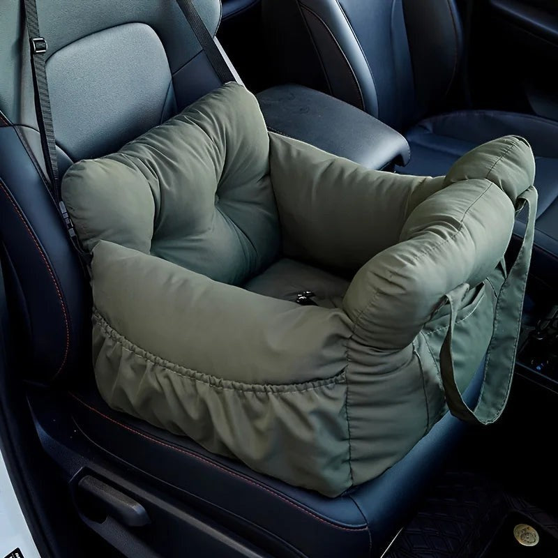 Siège auto pour chien AventureCanine en nylon vert olive avec rembourrage moelleux et sangles de fixation sécurisées