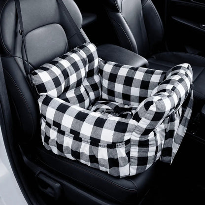 Siège auto pour chien AventureCanine à motif vichy noir et blanc avec laisse de sécurité et rembourrage confortable