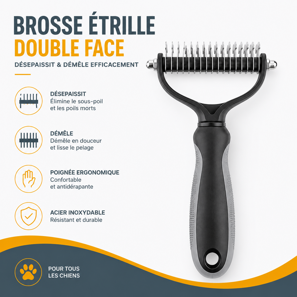 Brosse étrille double face AventureCanine en acier inoxydable avec poignée ergonomique pour démêler le poil du chien