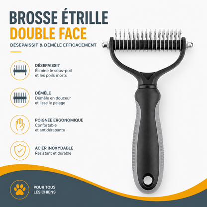 Brosse étrille double face AventureCanine en acier inoxydable avec poignée ergonomique pour démêler le poil du chien