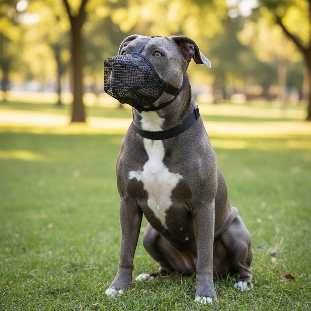Filet anti-intoxication AventureCanine en nylon noir pour chien, porté par un pitbull gris dans un parc.