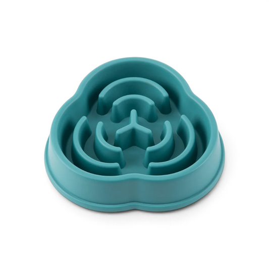 Gamelle anti-glouton AventureCanine bleue en forme de labyrinthe pour chien, design ergonomique et antidérapant.