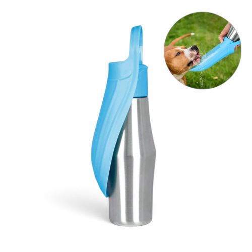 Gourde pour chien AventureCanine en acier inoxydable avec bol bleu intégré pour hydratation en extérieur